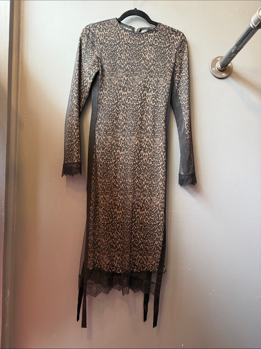 All Saints Leopard Print Long Sleeve Midi Dress with Lace Trim - Brown/Black